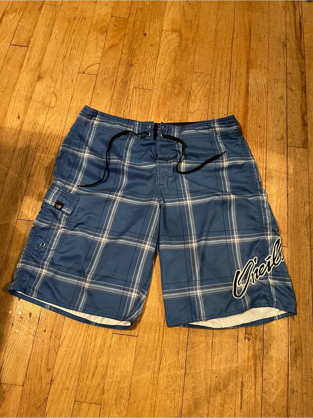 O'Neill Blue Plaid Board Shorts with Script Logo